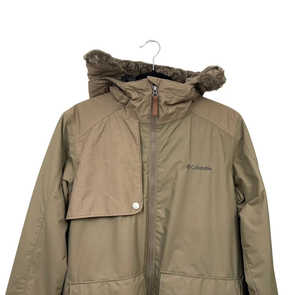 Columbia Omni-Tech Women's Tan Faux Fur Hooded Waterproof Ski Snow Jacket Size S